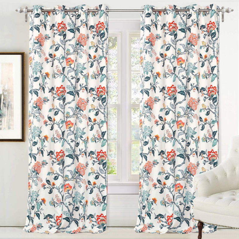 DriftAway Ada Floral Botanical Print Flower Leaf Lined Thermal Insulated Room Darkening Blackout Window Curtains 2 Layers Set of 2 Panels Each 52 Inch by 96 Inch Ivory Orange Teal - Image 1